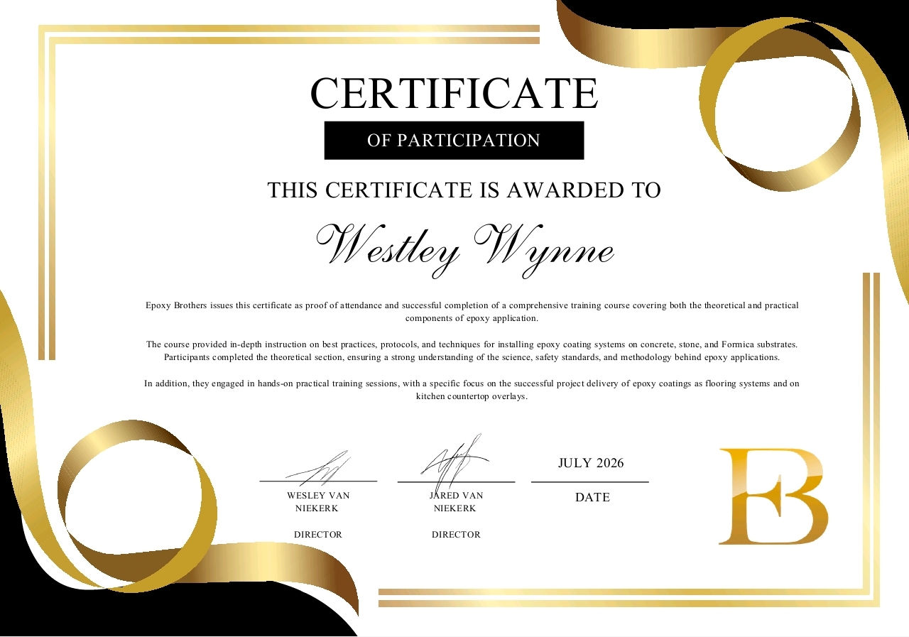 Westley Wynne certificate of participation in epoxy application training