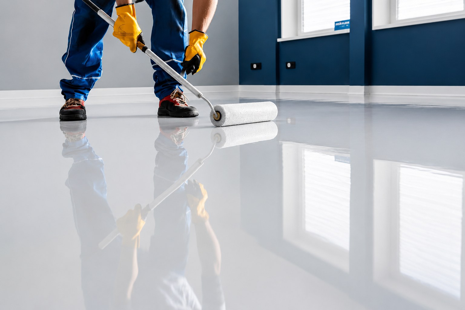 Professional epoxy floor application with a roller