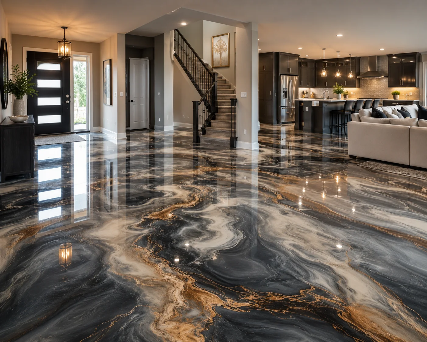 Dark metallic epoxy flooring in a modern interior
