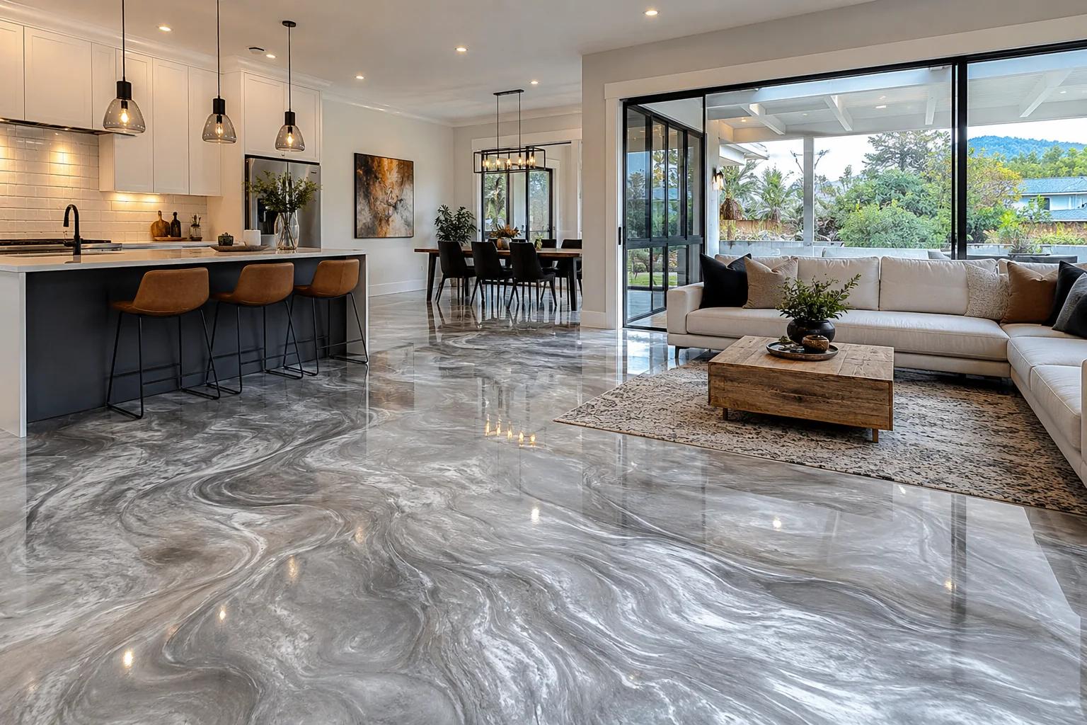 Light metallic epoxy flooring in a modern living space
