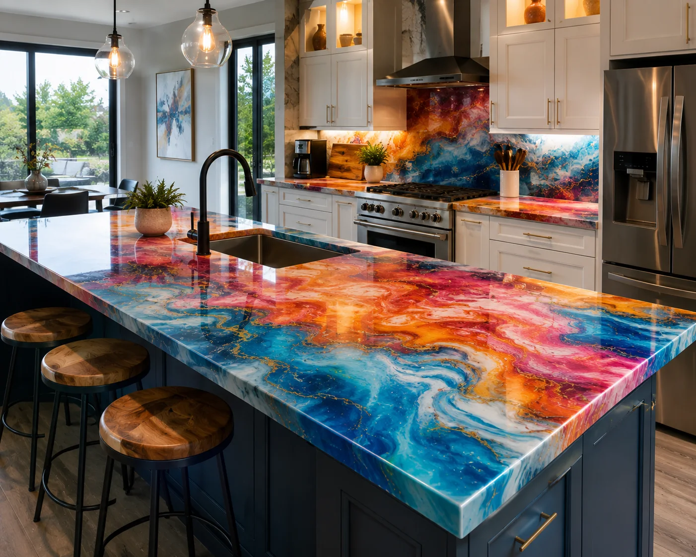 Colourful custom epoxy kitchen island and countertop