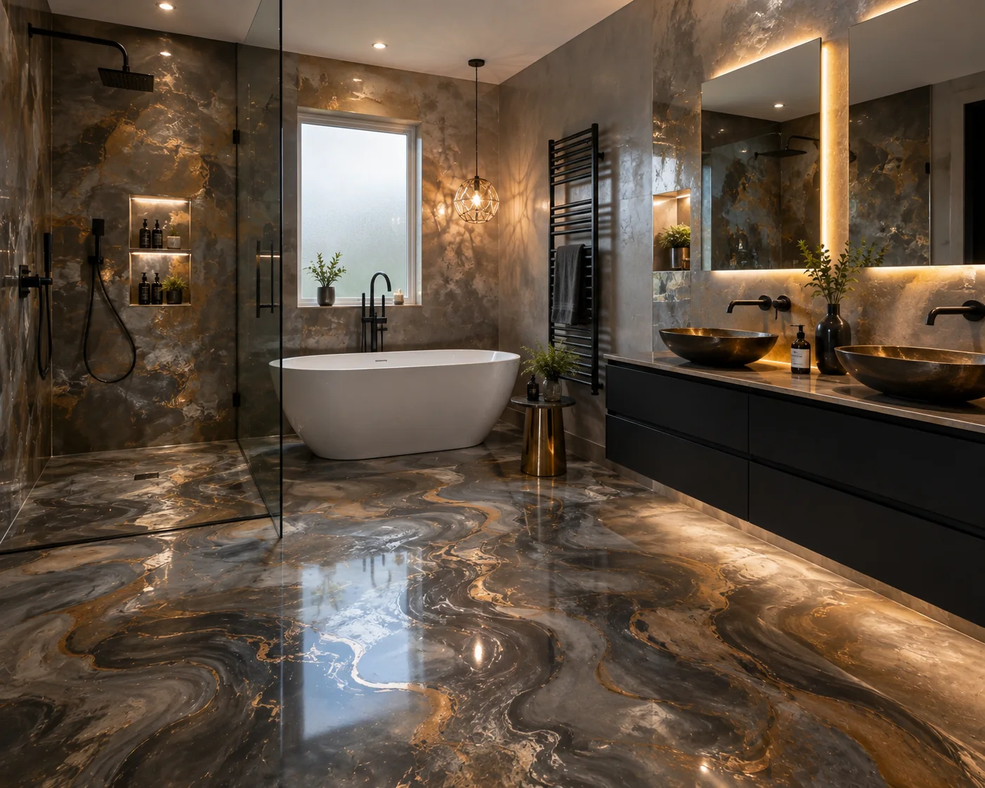 Luxury dark metallic epoxy bathroom with gold movement