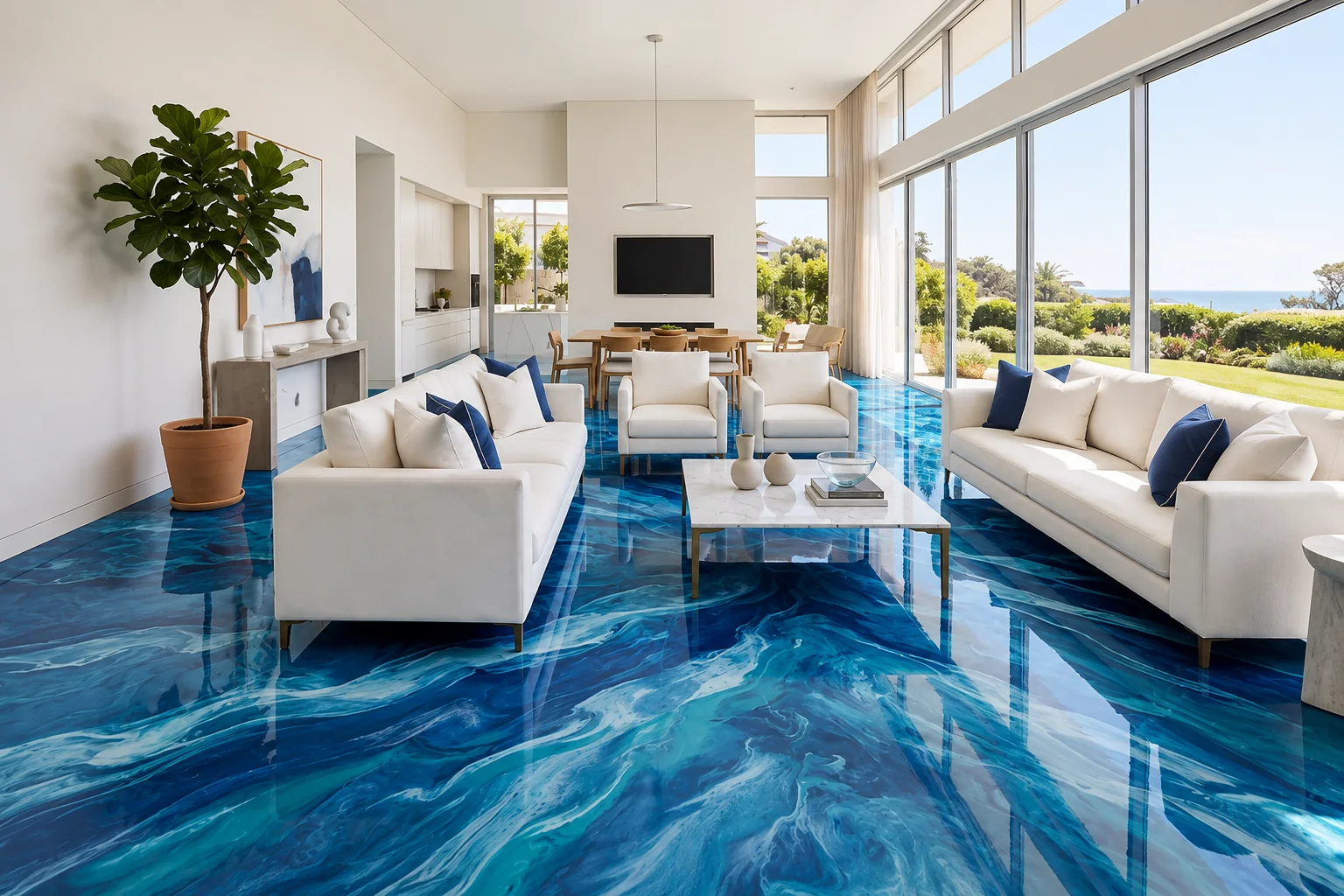 Blue decorative epoxy flooring in a bright modern living space