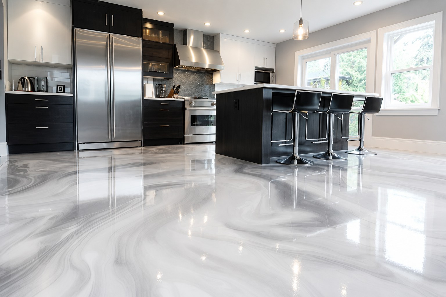 White marble-style epoxy flooring in a modern kitchen
